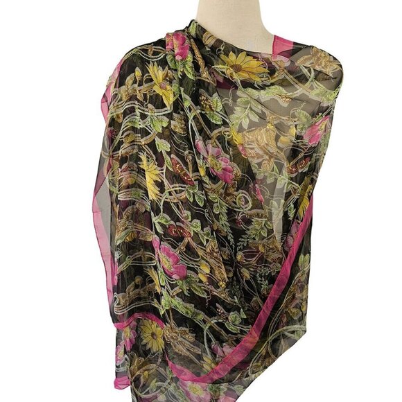 Large Silk Blend Rectangular Scarf Sheer Pink Yellow Floral on Black 42 X 76 - Picture 7 of 10